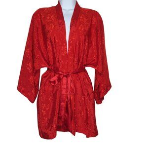 New Vintage 90s Mervyns Sabrina Red Floral Kimono Robe Jacket OS Belted USA Made